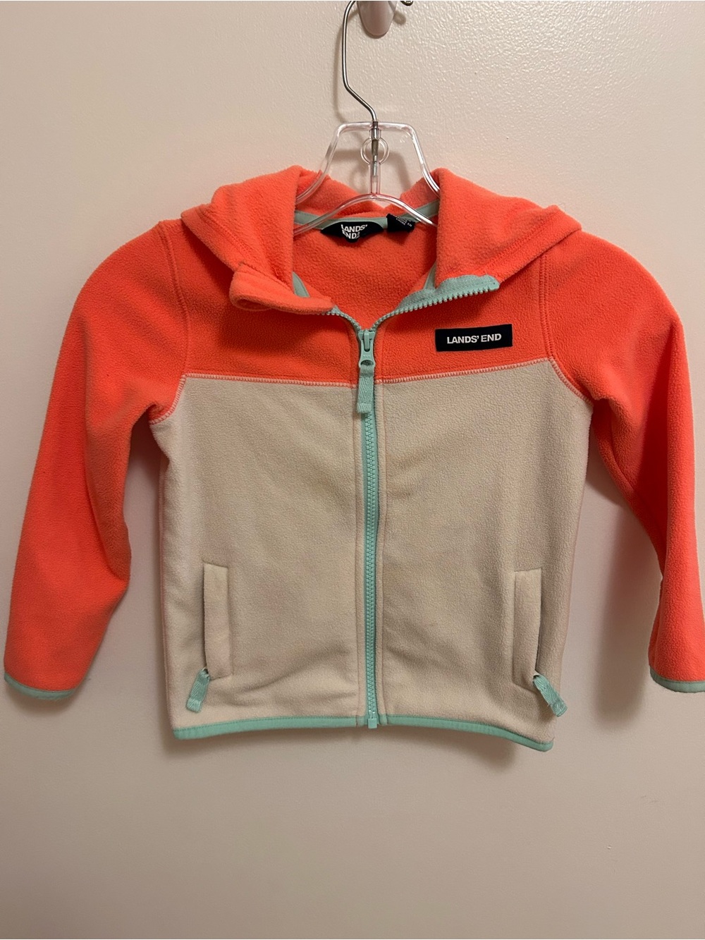 Lands' End Kids Coral and Cream Fleece Zip Hoodie with Mint Trim